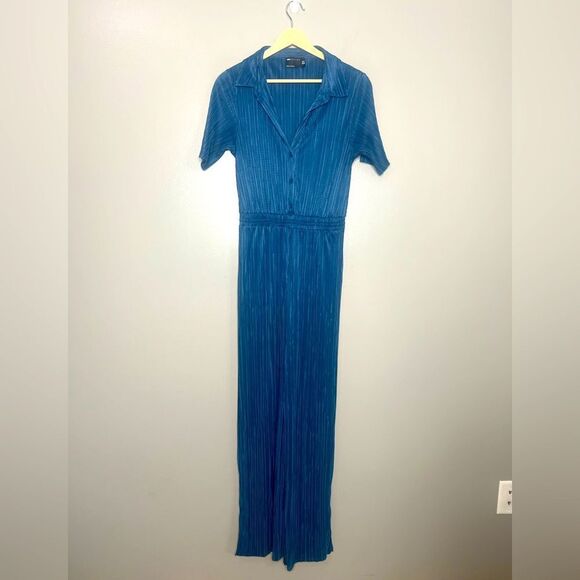 4/$25 jumpsuit Asos design collared plisse indigo size 6 pleated travel vaca - Picture 2 of 6